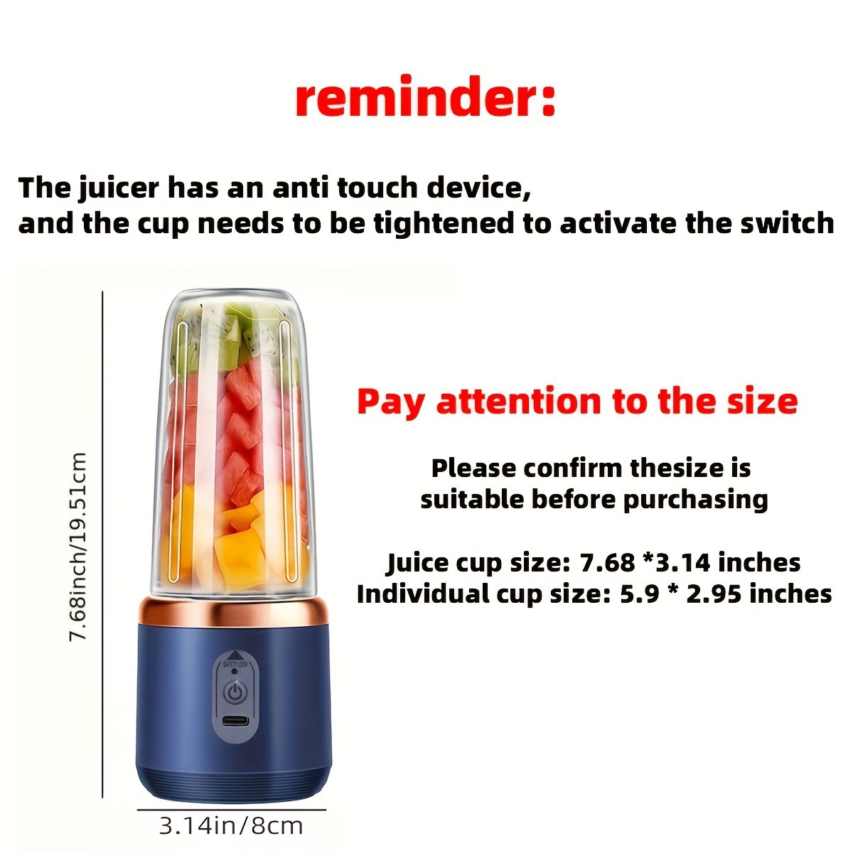 USB juicer with 2 cups, blender for fresh juice with sports lid, cordless multifunctional portable juicer, six-blade fast juicing, smooth fruit and beverage maker, perfect gift for Valentine's Day, Thanksgiving, Christmas, Mother's Day - Image 4