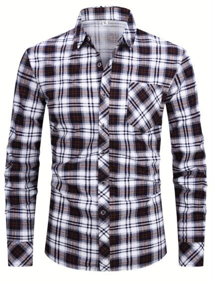 Men's Classic Plaid Long Sleeve Shirt with Chest Pockets - Casual Polyester Button-Up for Spring, Fall & Casual Attire