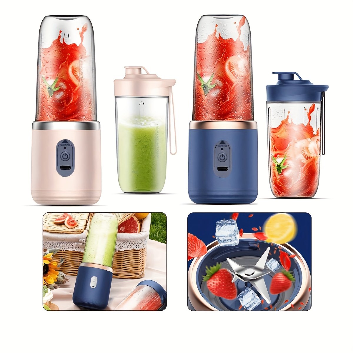 USB juicer with 2 cups, blender for fresh juice with sports lid, cordless multifunctional portable juicer, six-blade fast juicing, smooth fruit and beverage maker, perfect gift for Valentine's Day, Thanksgiving, Christmas, Mother's Day