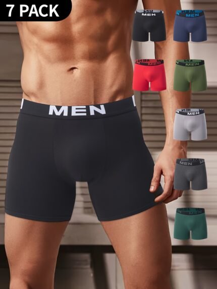 7-Pack Men's Boxer Briefs - Breathable Stretch Comfort Fit Solid Color Underwear with Elastic Waistband, Multi-Color Assortment for Everyday Casual & Active Wear