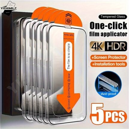 5pcs Ultra HD Tempered Glass Screen Protectors for iPhone 13/13 Pro/13 Pro Max, 14/14 Pro/14 Plus/14 Pro Max, 15/15 Pro/15 Plus/15 Pro Max, 16/16e/16 Plus/16 Pro/16 Pro Max series - One-Click Film Applicator, 9H+ Hardness, Anti-Fingerprint, Full Coverage, Case Friendly, Dustproof Speaker, for iPhone Accessories | Sleek Design | Tempered Glass Protector, for iPhone Accessories